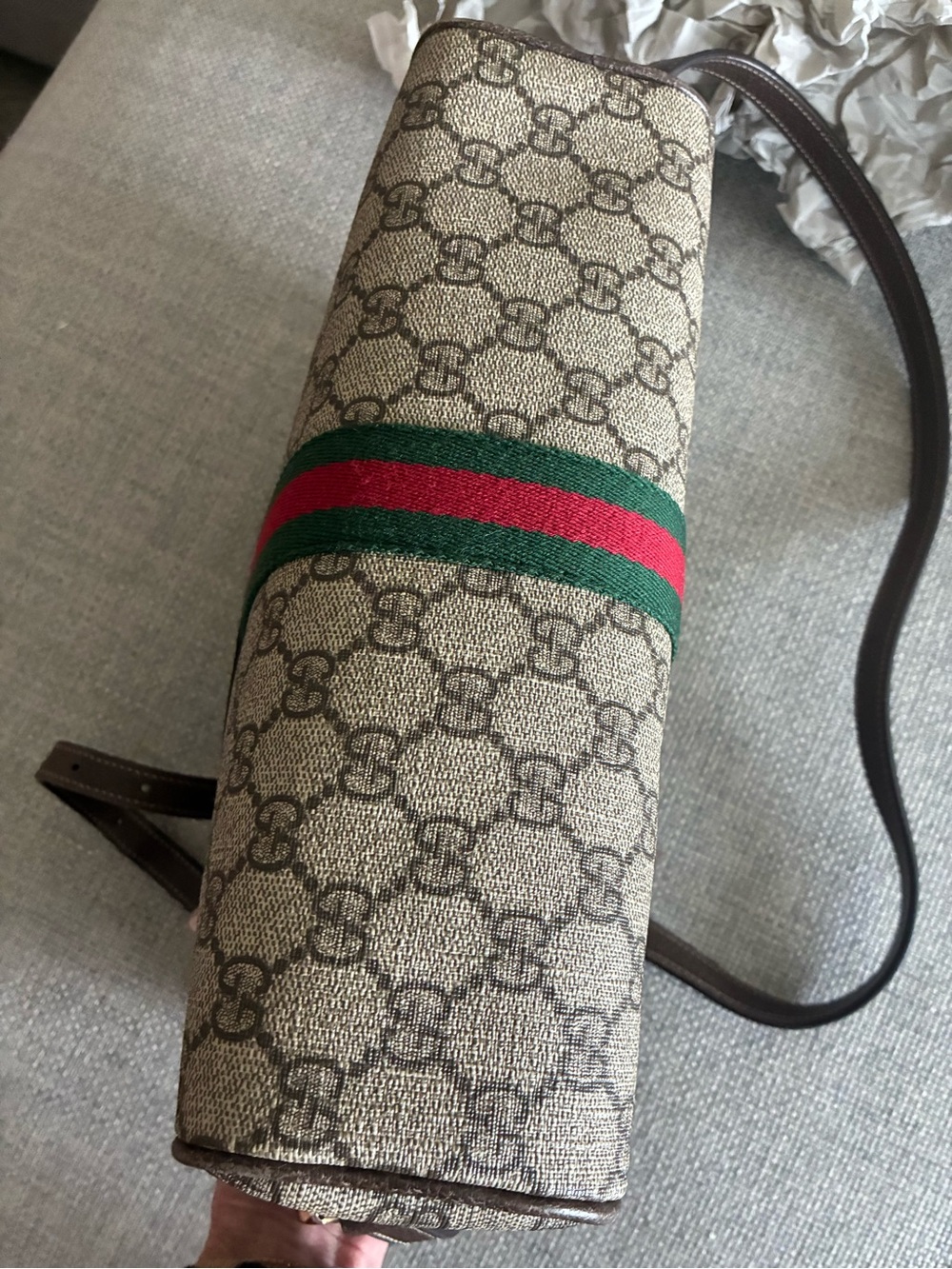 Gucci Brown GG Supreme Canvas Crossbody with Green-Red Web Stripe - Picture 12 of 16